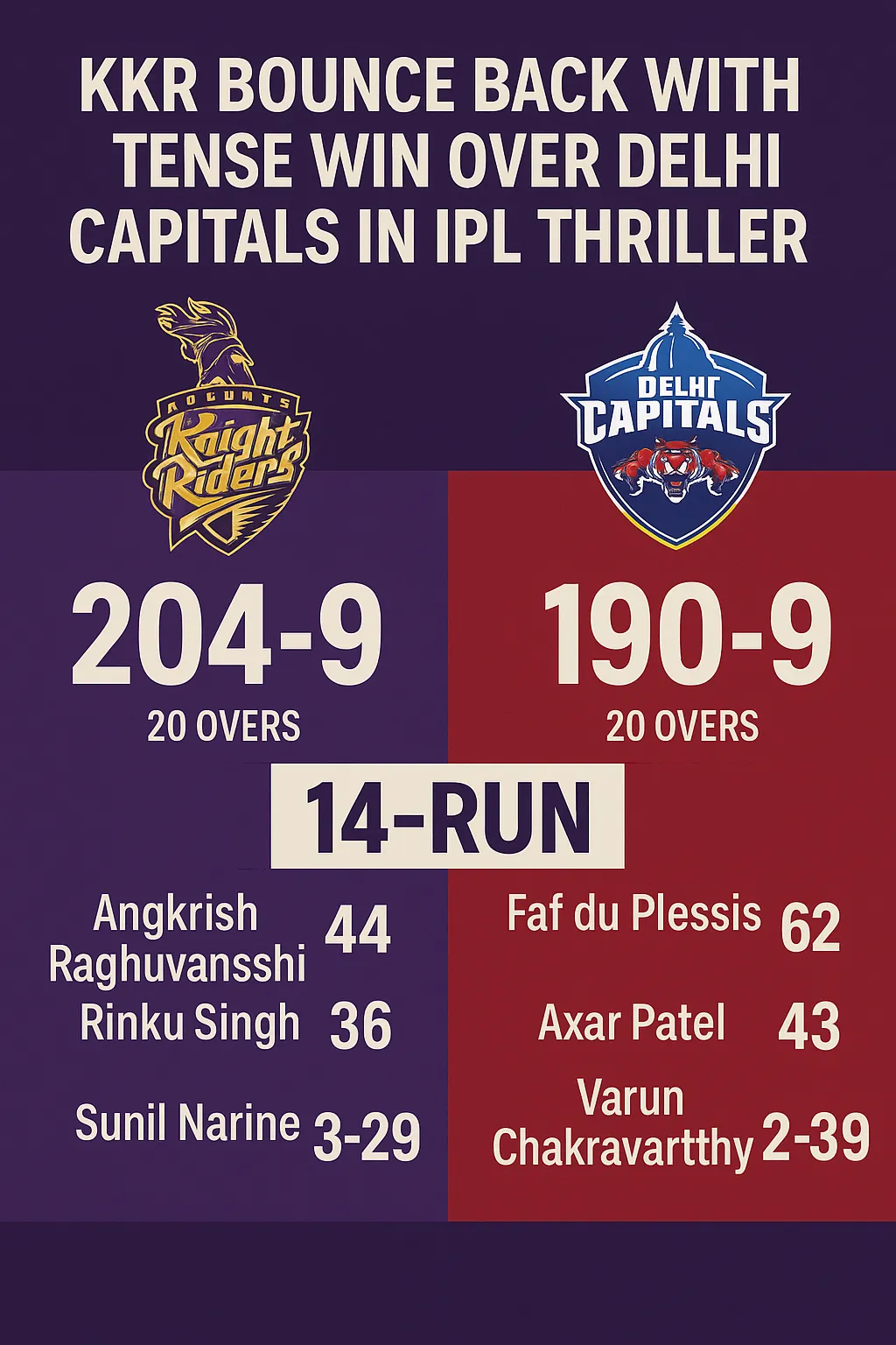 KKR Seal Thrilling 14-Run Win Over Delhi Capitals